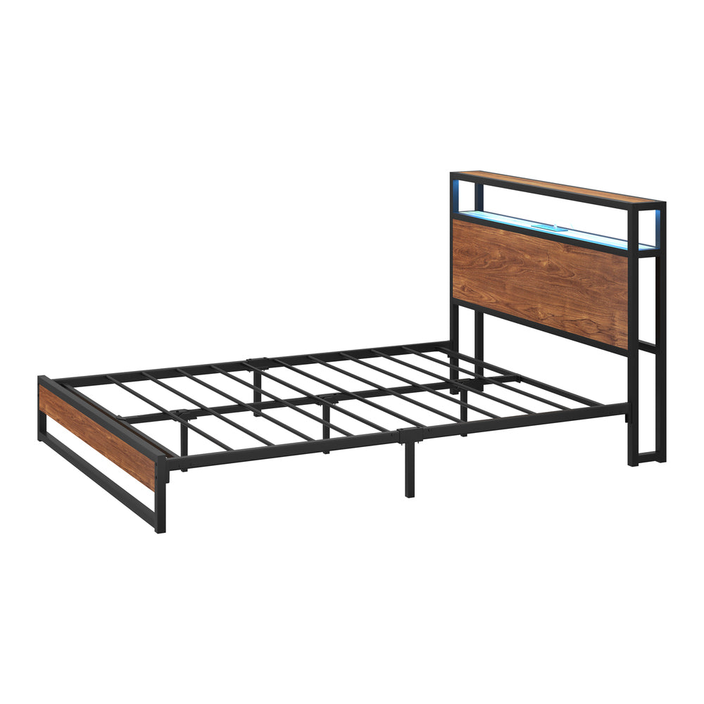 Metal Bed Frame Queen Size LED Storage Headboard USB Charge