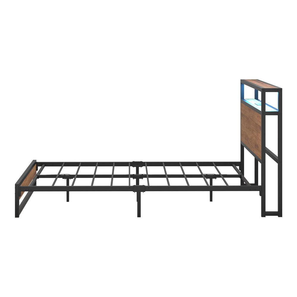 Metal Bed Frame Double Size LED Storage Headboard USB Charge