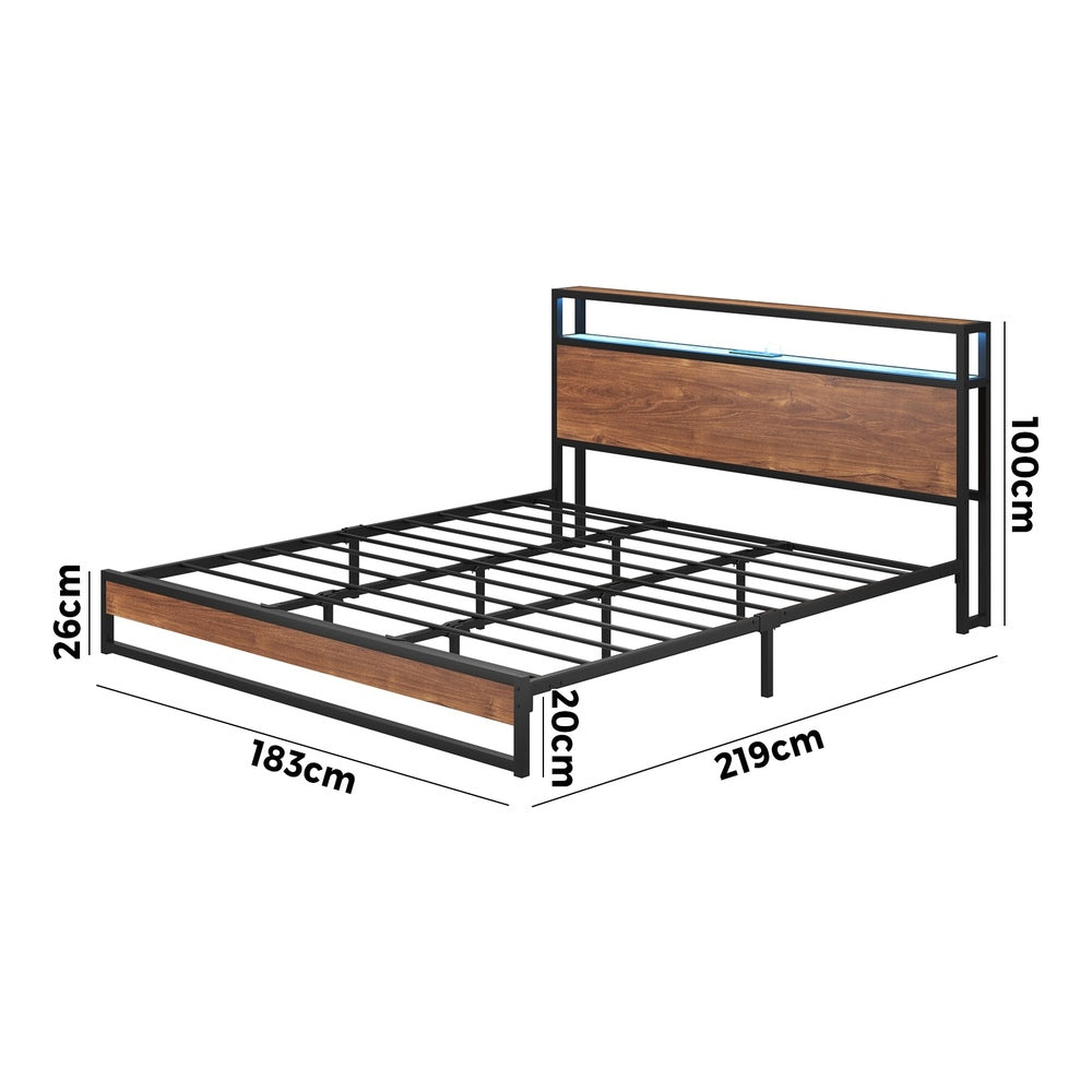 Metal Bed Frame Queen Size LED Storage Headboard USB Charge