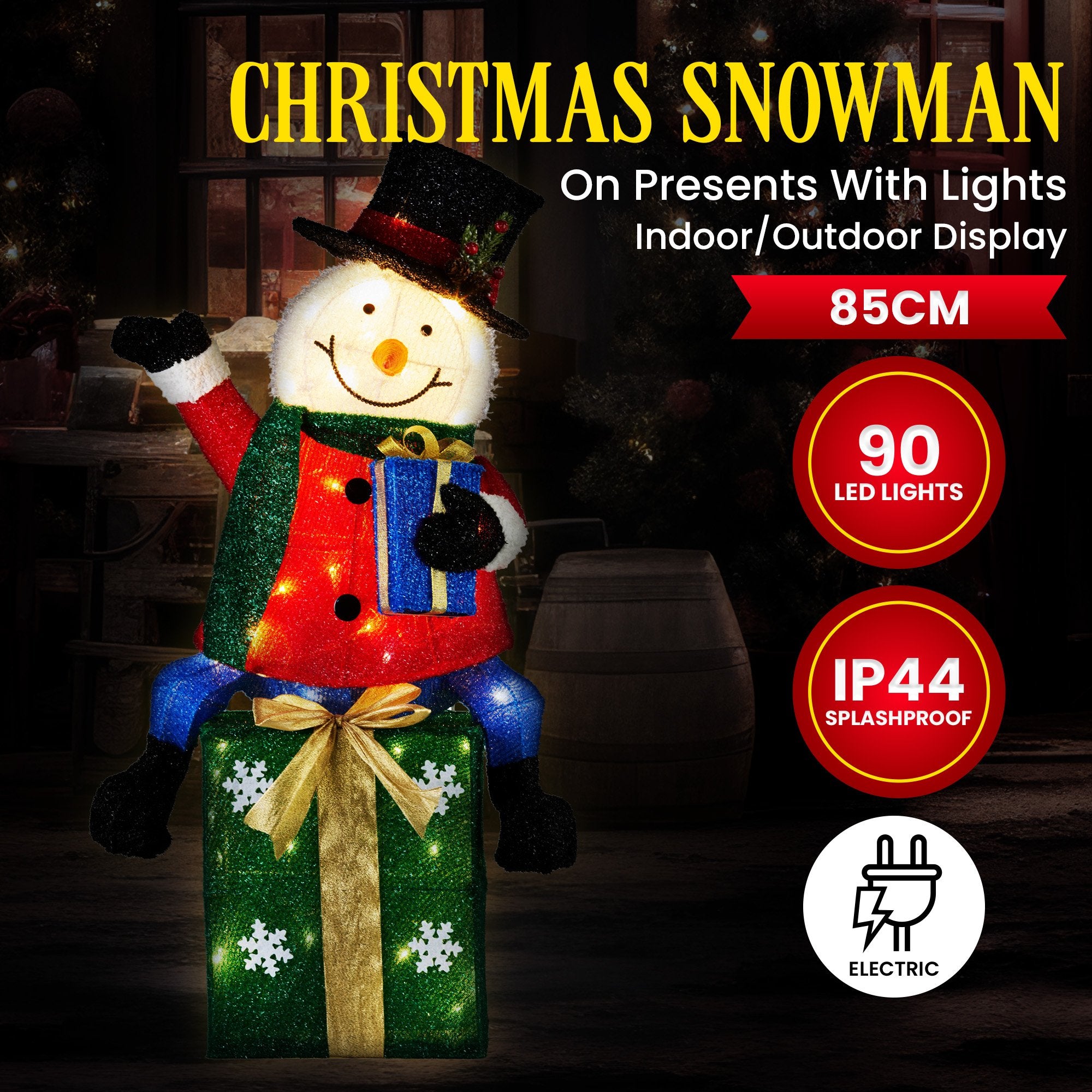 85cm Christmas Snowman On Presents Display with Lights