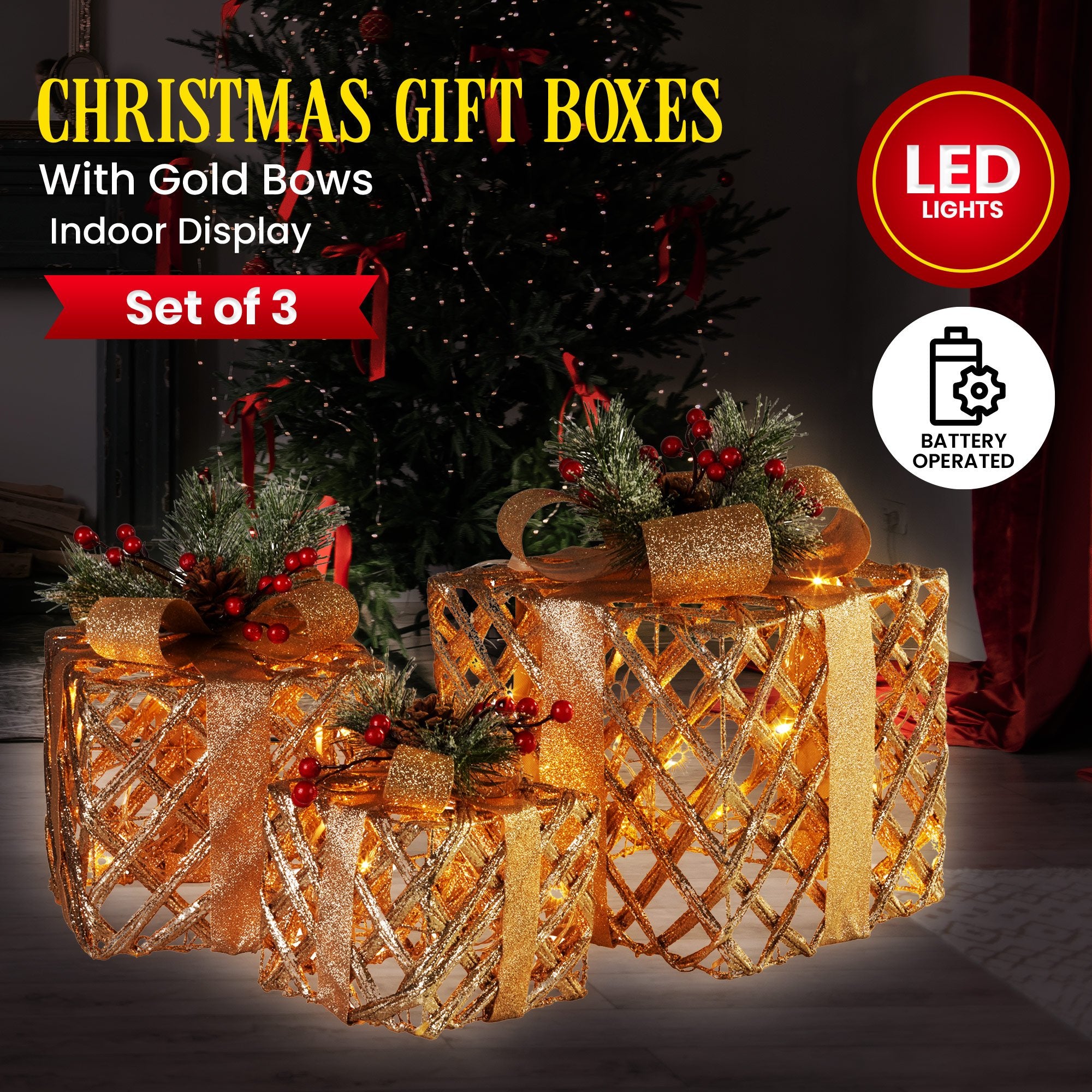 Set of 3 Christmas Gift Boxes Display With Lights in Champagne and Gold