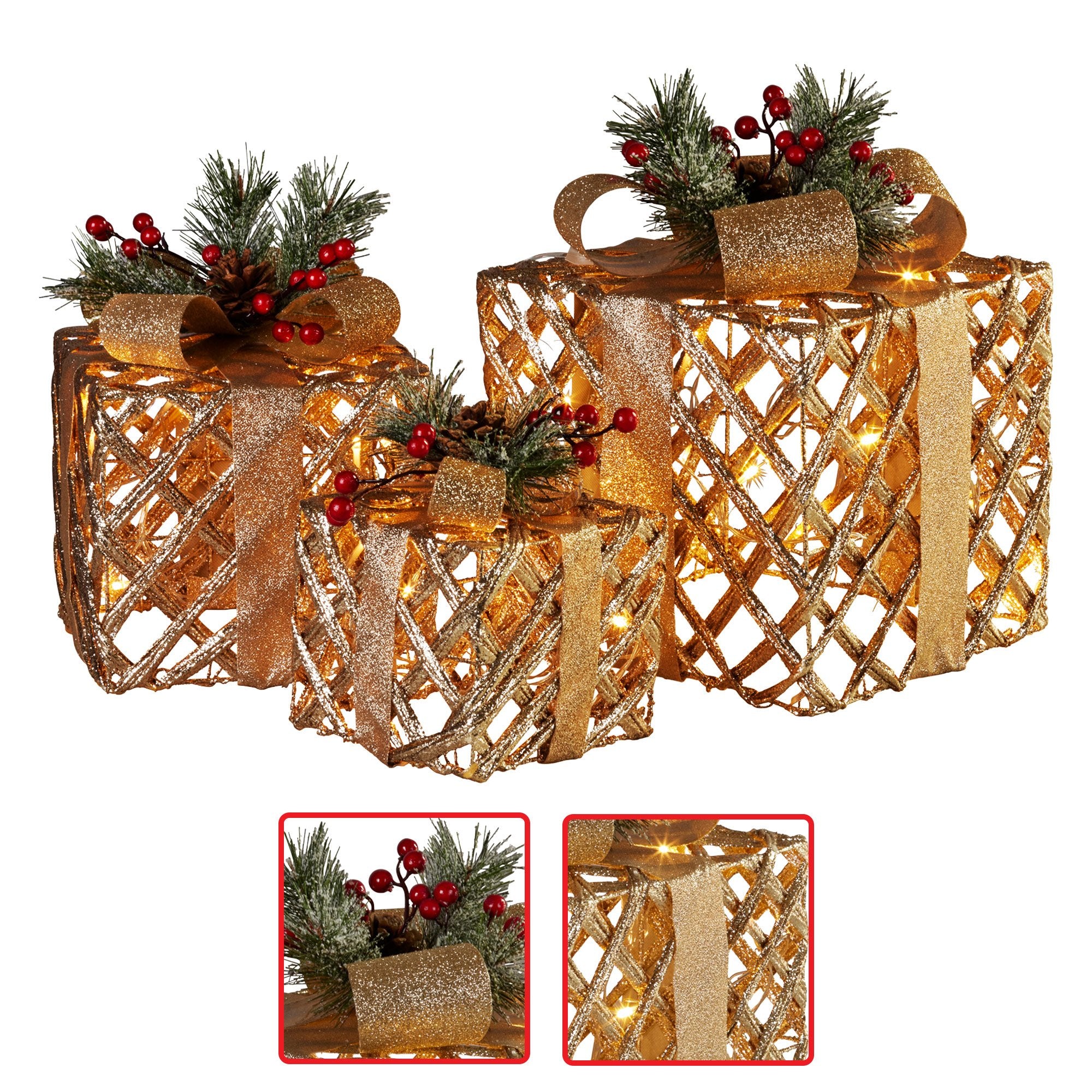 Set of 3 Christmas Gift Boxes Display With Lights in Champagne and Gold