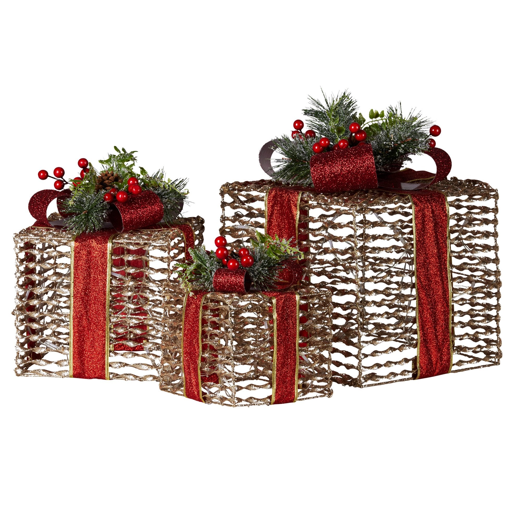 Set of 3 Christmas Gift Boxes with Lights - Champagne with Red Bows