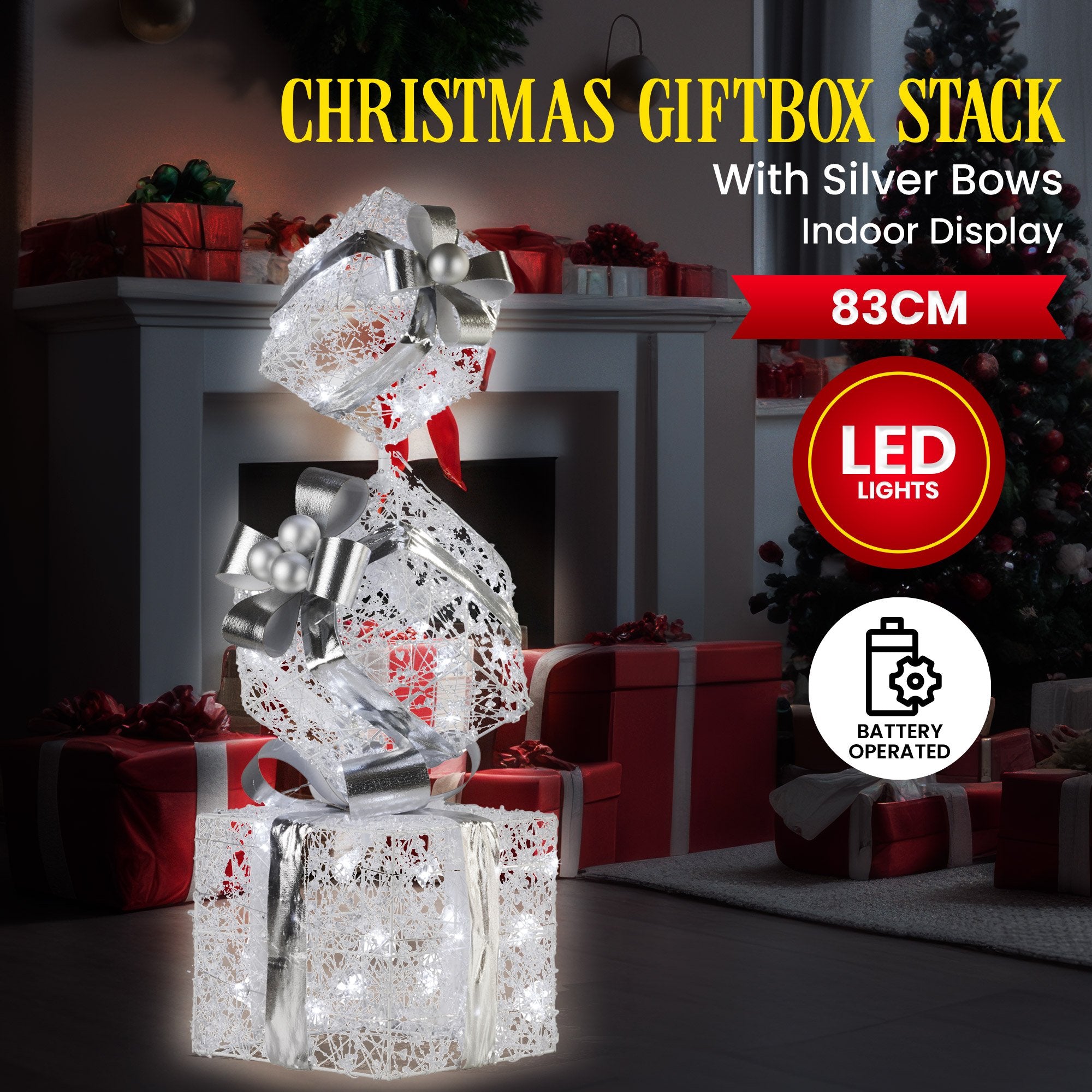 83cm Triple Christmas Silver Giftbox Stack Display with Lights