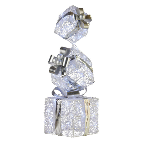 83cm Triple Christmas Silver Giftbox Stack Display with Lights