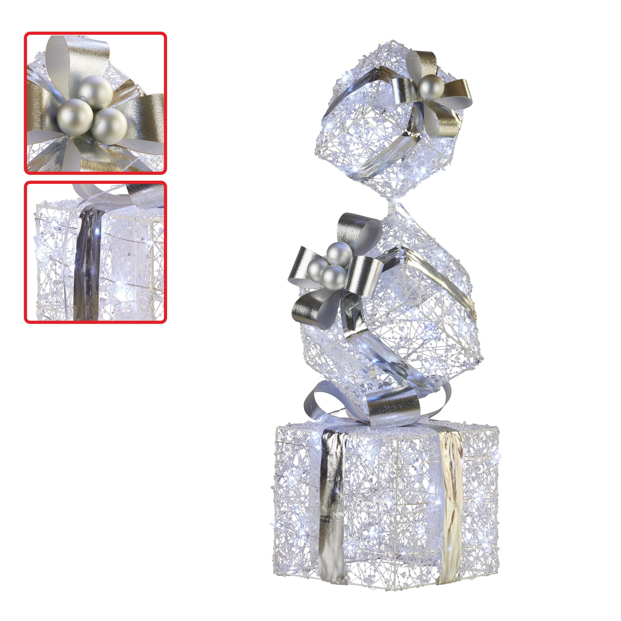 83cm Triple Christmas Silver Giftbox Stack Display with Lights