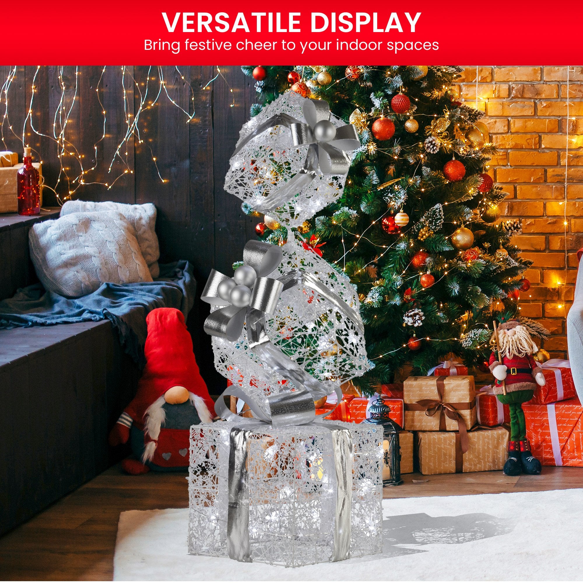 83cm Triple Christmas Silver Giftbox Stack Display with Lights