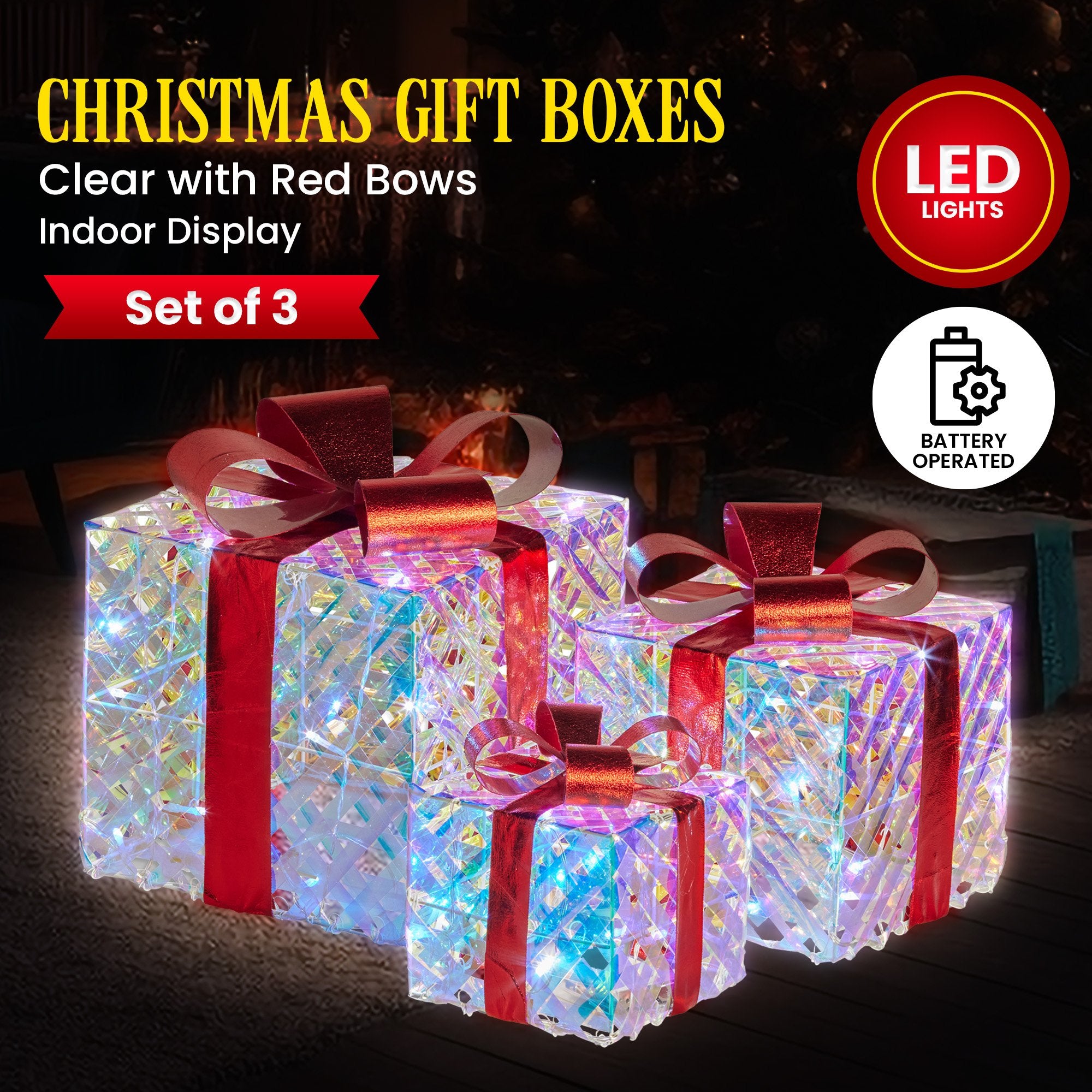 Set of 3 Christmas Gift Boxes Display With Lights in Clear Shimmer and Red