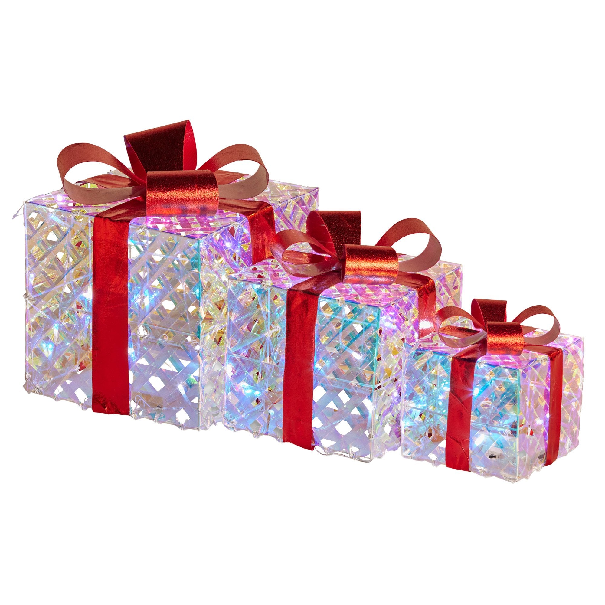 Set of 3 Christmas Gift Boxes Display With Lights in Clear Shimmer and Red