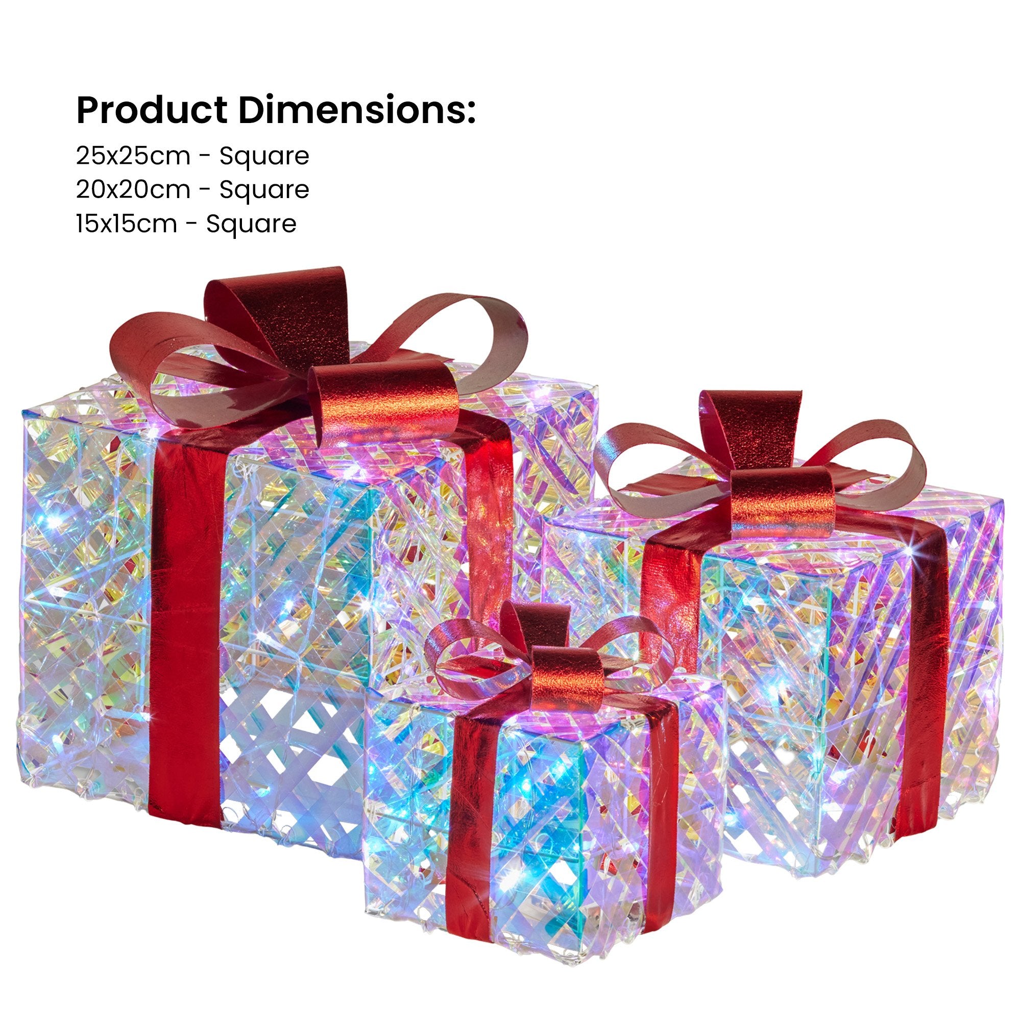 Set of 3 Christmas Gift Boxes Display With Lights in Clear Shimmer and Red