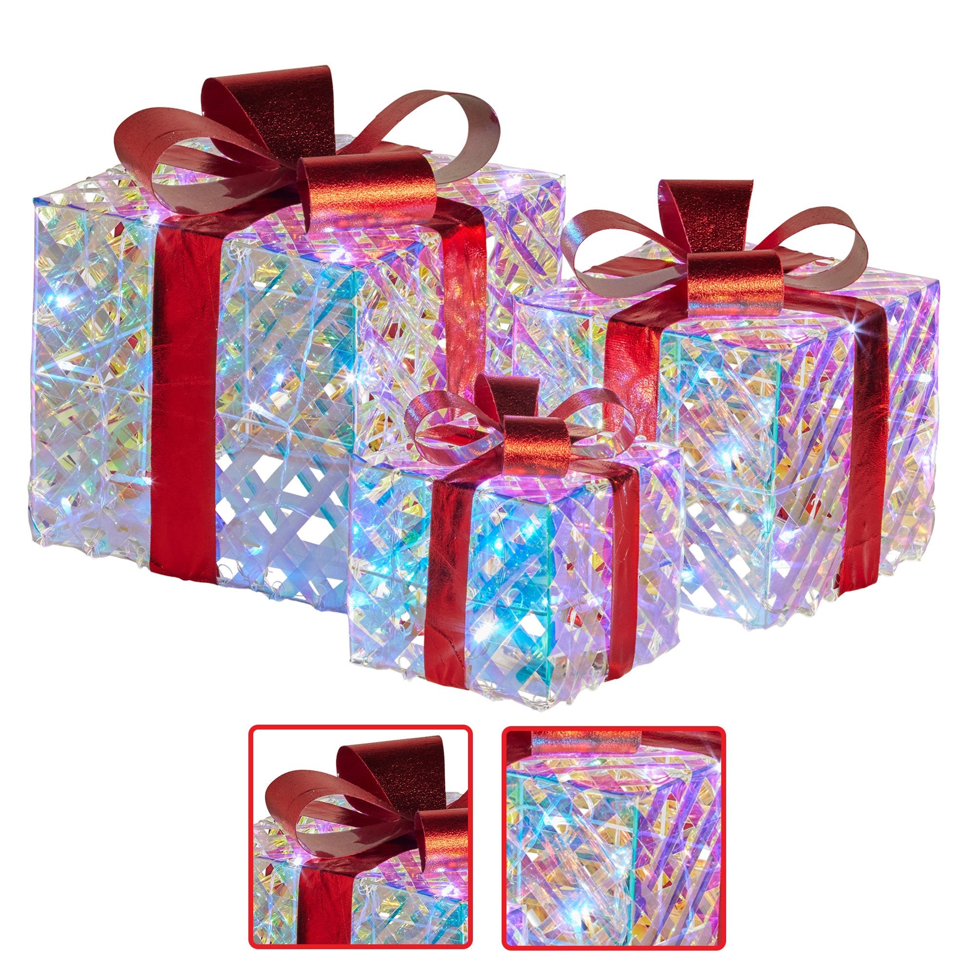 Set of 3 Christmas Gift Boxes Display With Lights in Clear Shimmer and Red