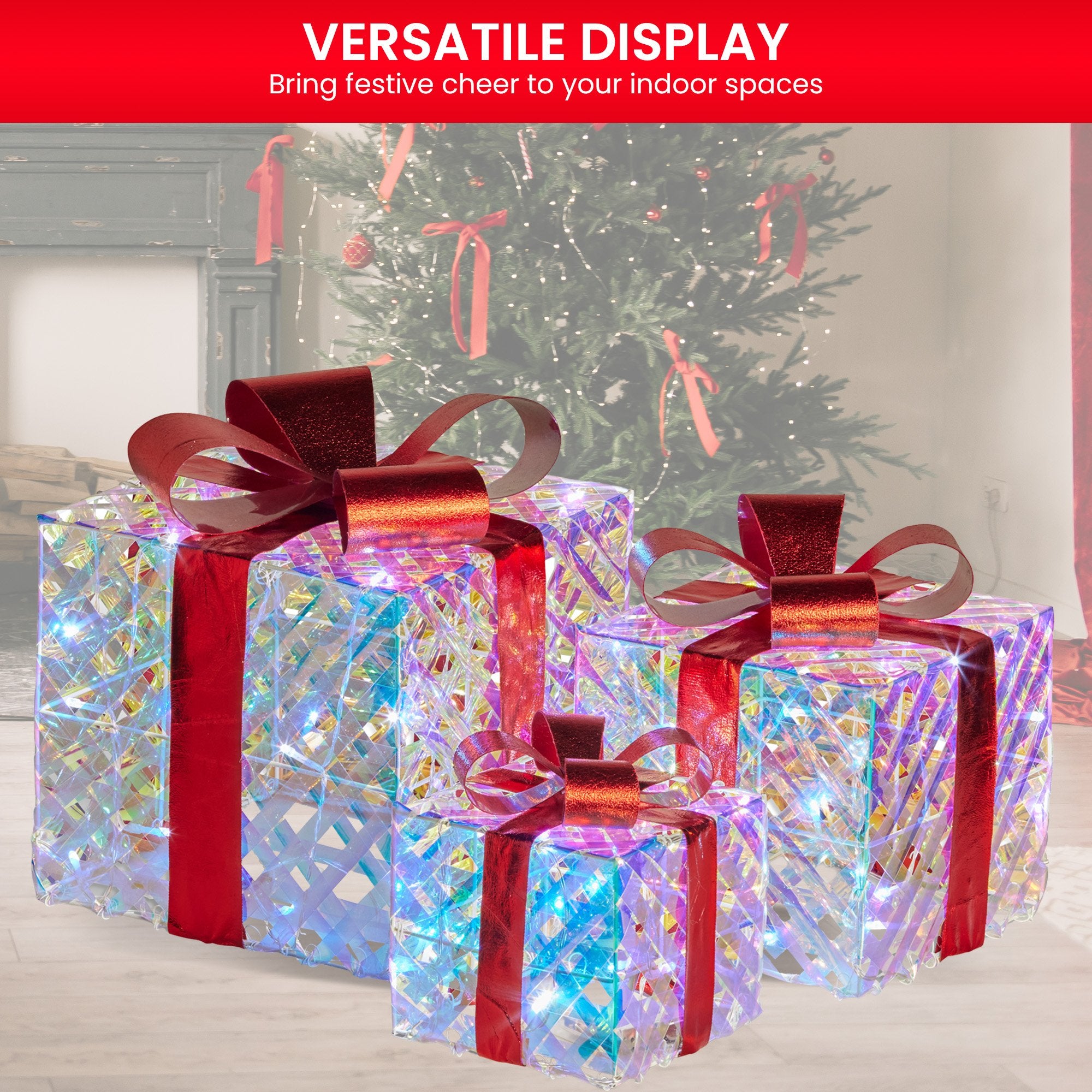 Set of 3 Christmas Gift Boxes Display With Lights in Clear Shimmer and Red