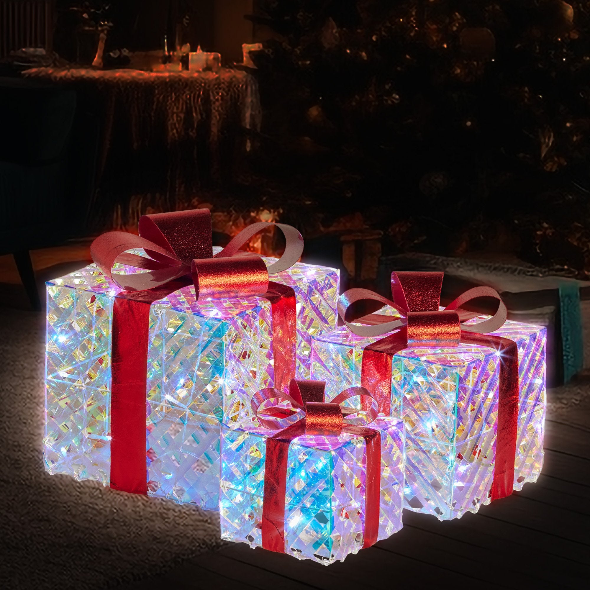 Set of 3 Christmas Gift Boxes Display With Lights in Clear Shimmer and Red