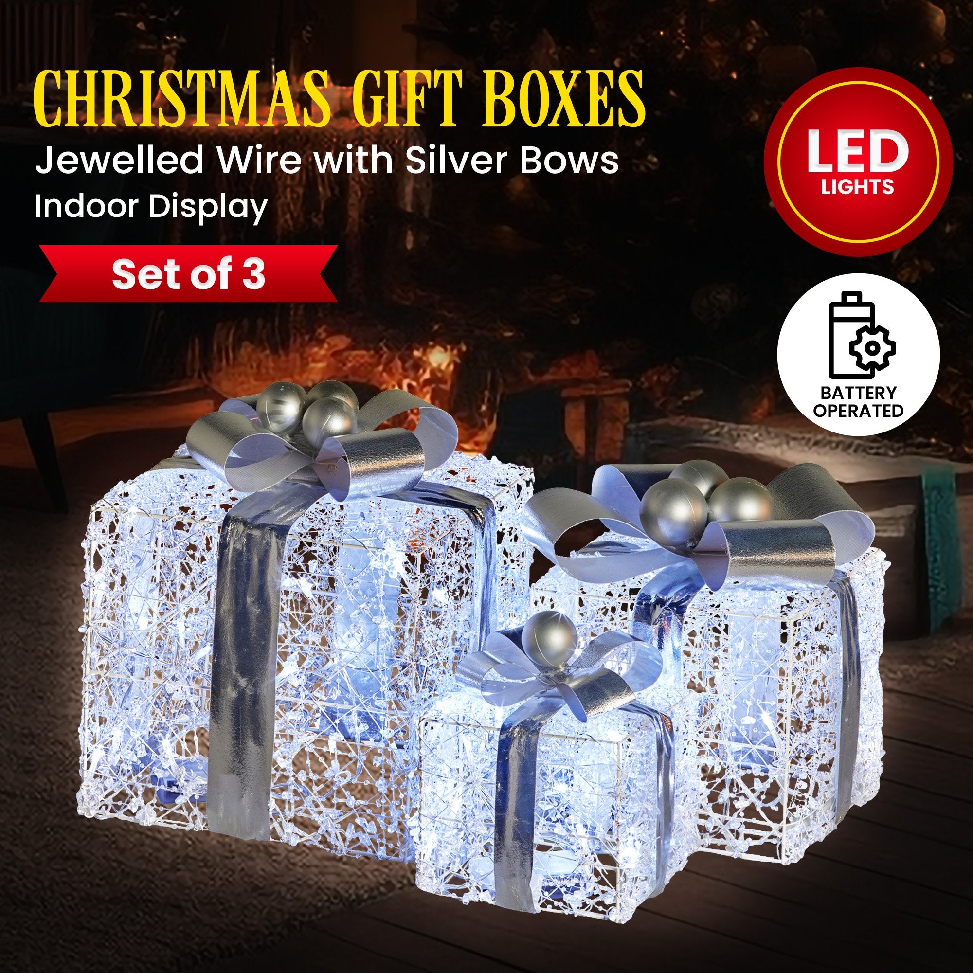 Set of 3 Christmas Gift Boxes Display With Lights Jewelled Wire and Silver Bows