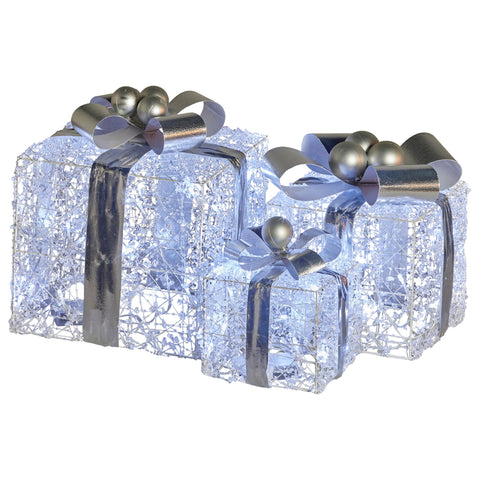 Set of 3 Christmas Gift Boxes Display With Lights Jewelled Wire and Silver Bows