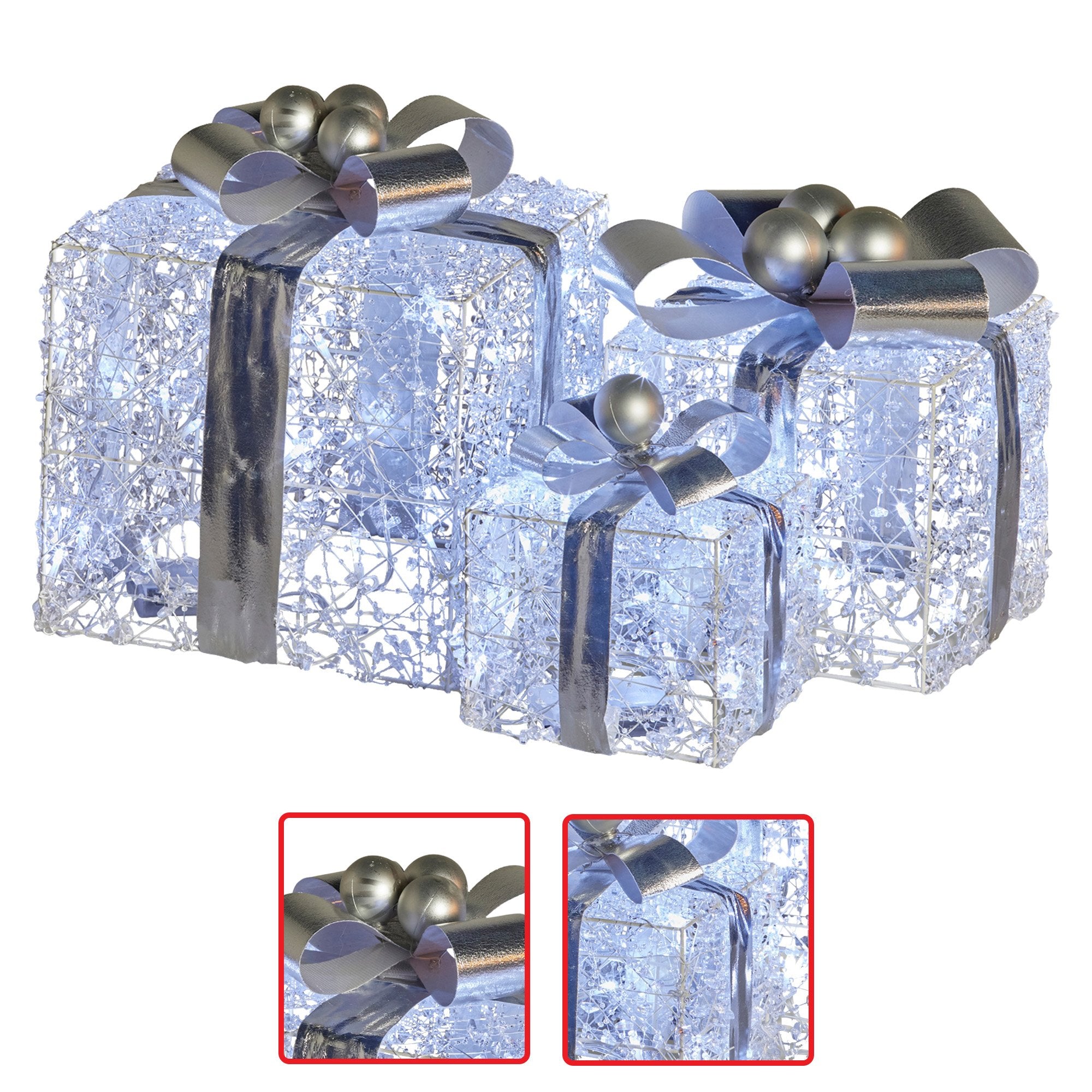 Set of 3 Christmas Gift Boxes Display With Lights Jewelled Wire and Silver Bows