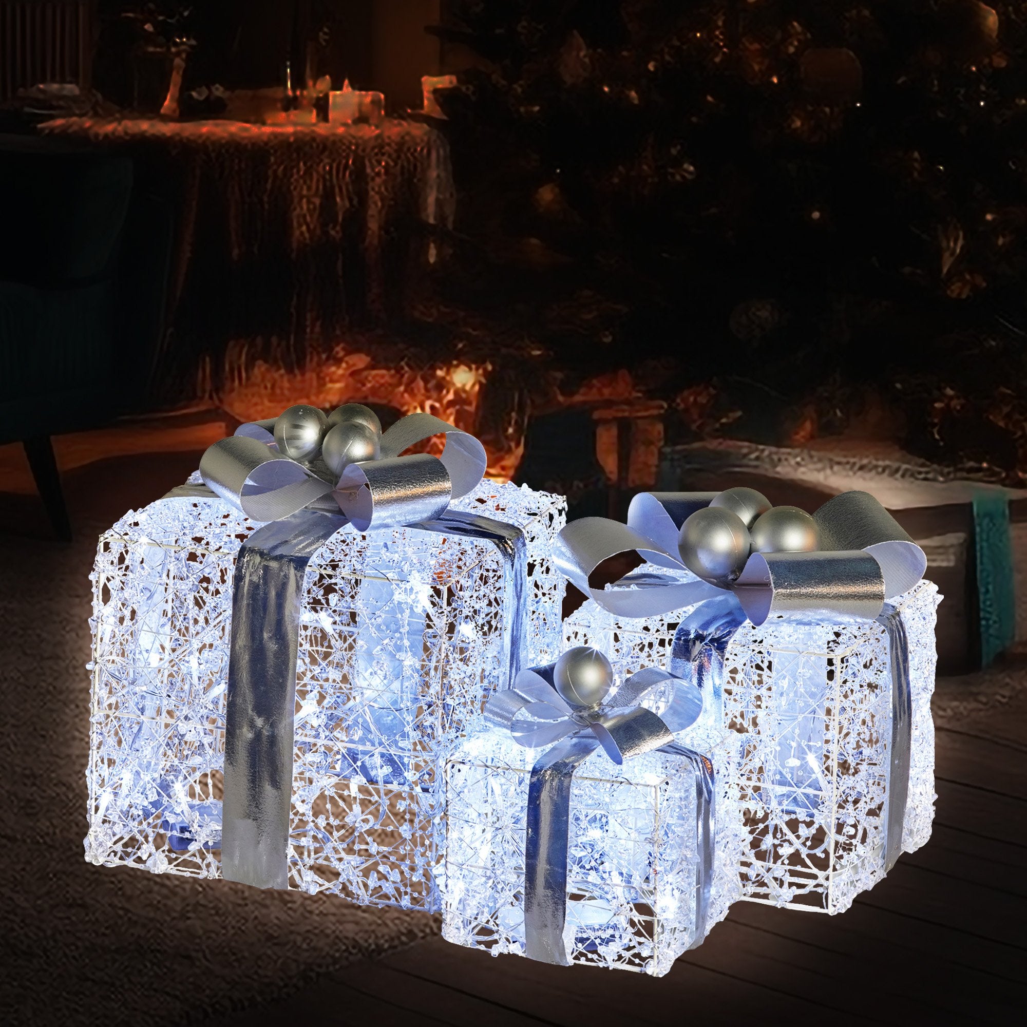 Set of 3 Christmas Gift Boxes Display With Lights Jewelled Wire and Silver Bows