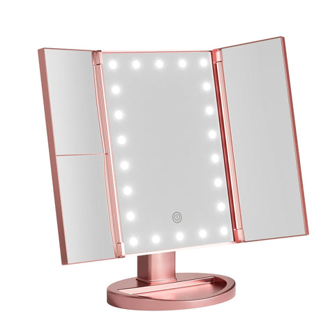 Sleek Pink Tri-Fold Makeup Mirror with LED