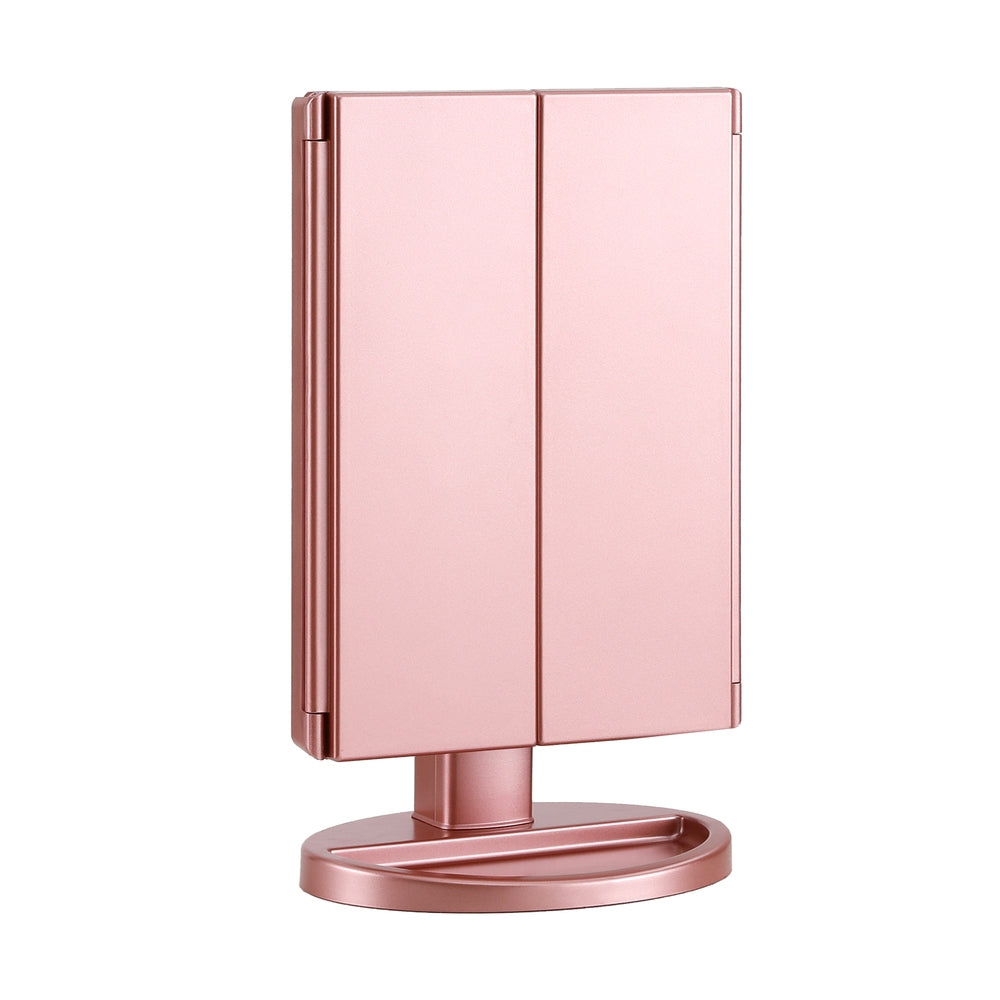 Sleek Pink Tri-Fold Makeup Mirror with LED