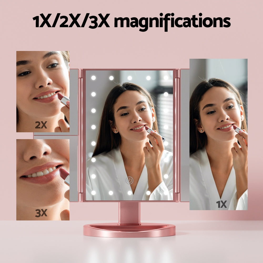 Sleek Pink Tri-Fold Makeup Mirror with LED