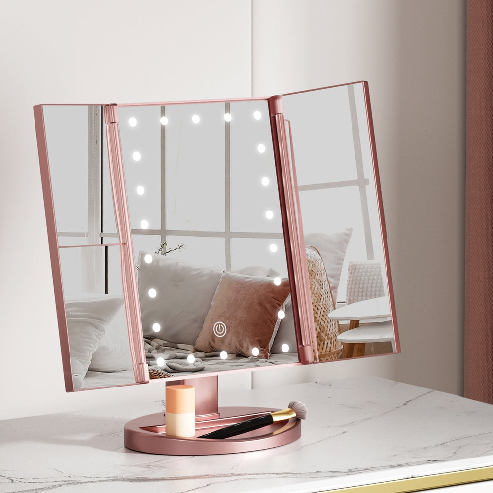 Sleek Pink Tri-Fold Makeup Mirror with LED