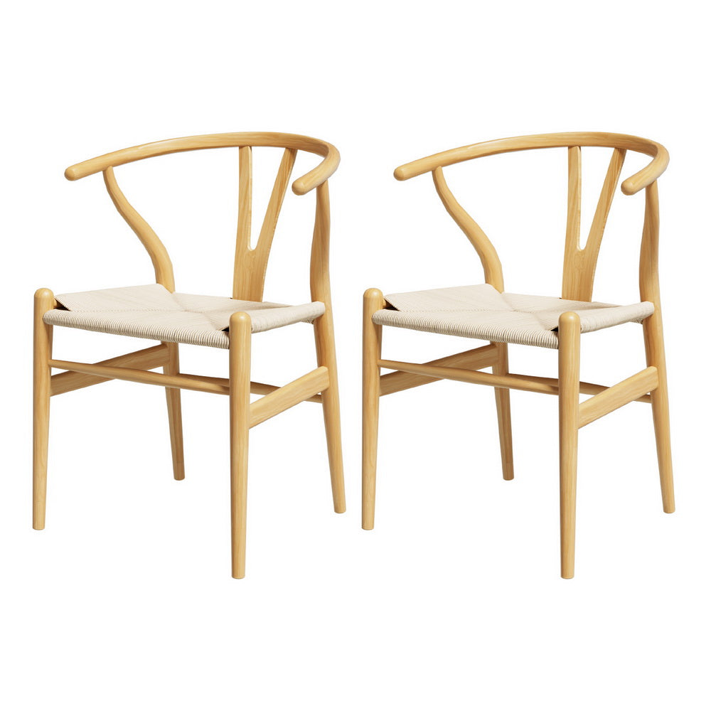 1 Set Of 2 Dining Chairs Wooden Rattan Seat Wishbone Back