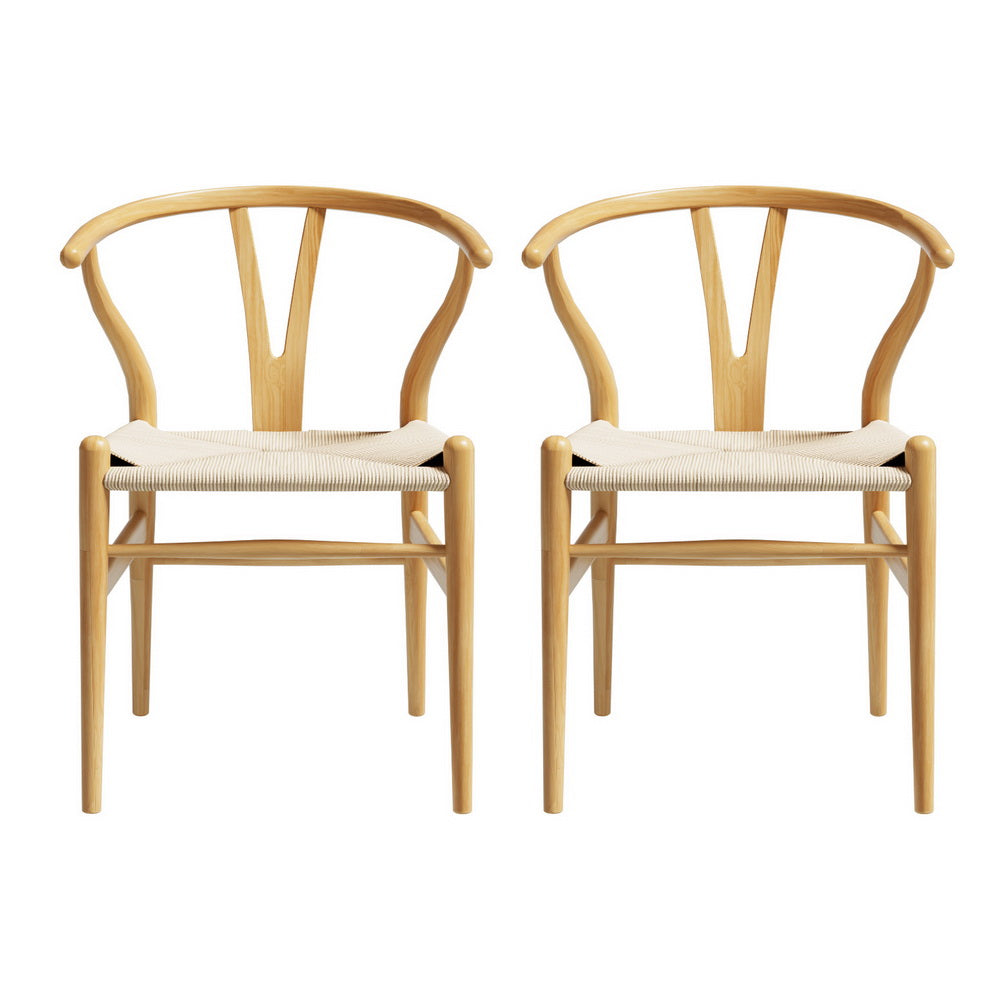 1 Set Of 2 Dining Chairs Wooden Rattan Seat Wishbone Back