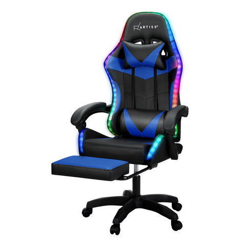 6 Point Massage Gaming Office Chair 7 LED Footrest Blue