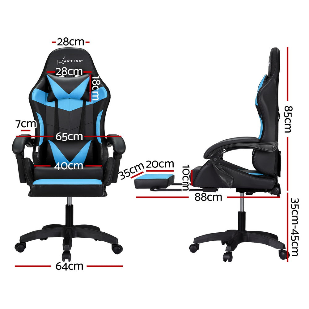 6 Point Massage Gaming Office Chair 7 LED Footrest Blue