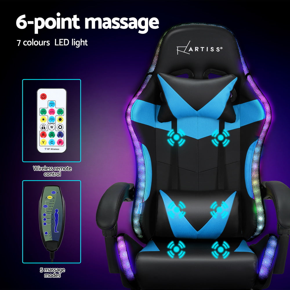 6 Point Massage Gaming Office Chair 7 LED Footrest Blue