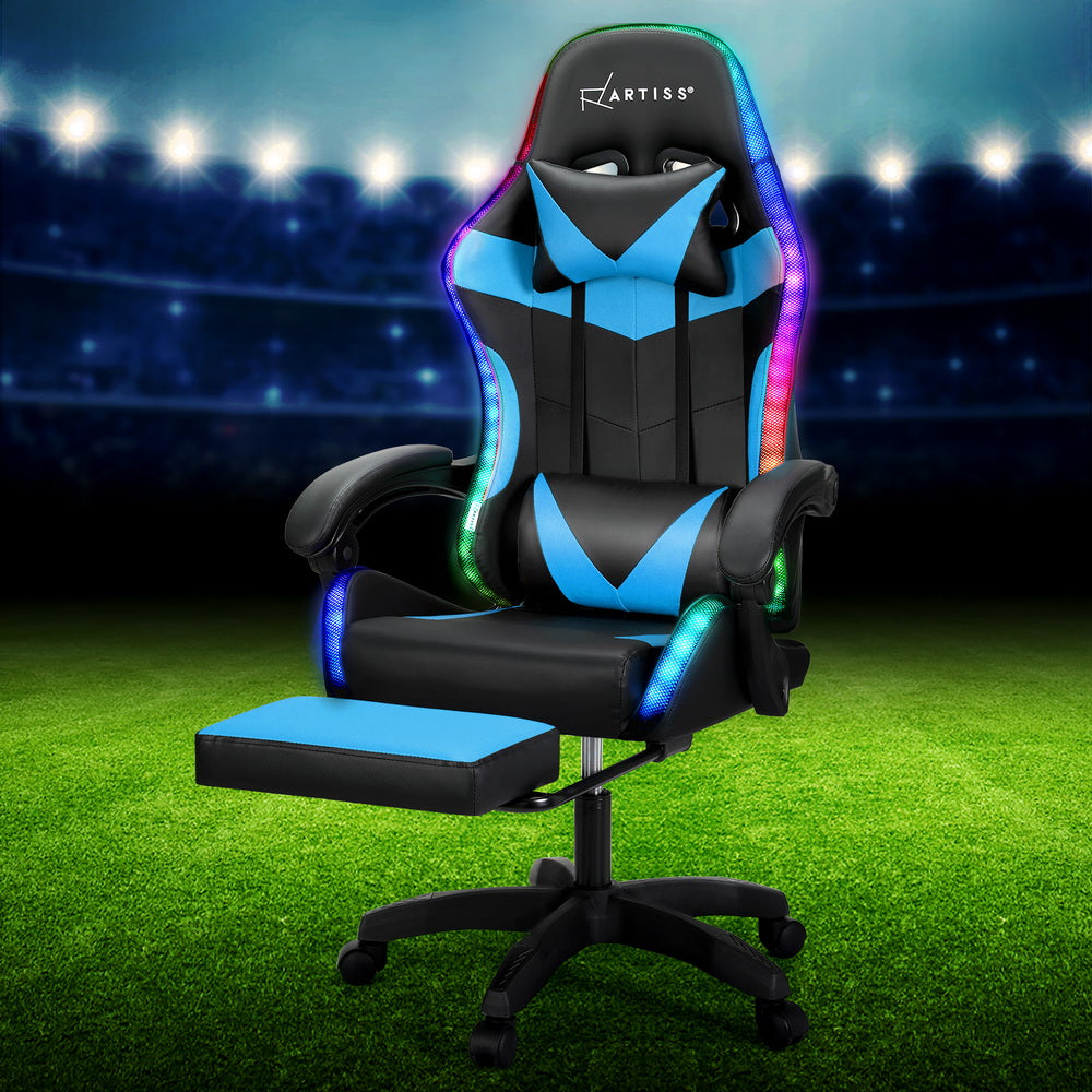 6 Point Massage Gaming Office Chair 7 LED Footrest Blue