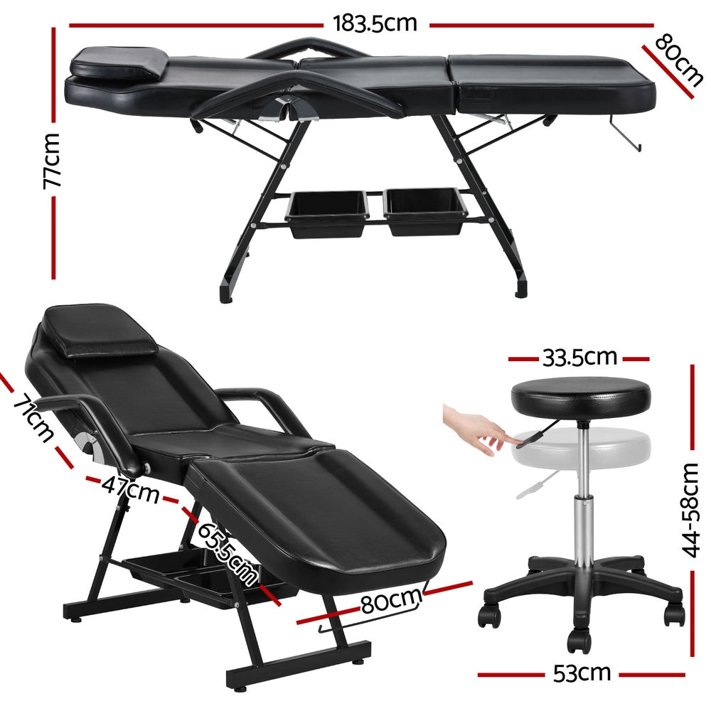 Massage Table Adjustable Salon Bed Chair 3-Fold Black