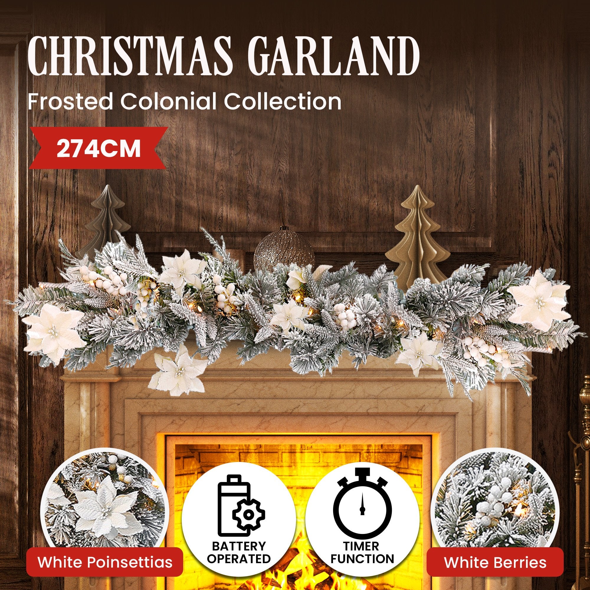 Frosted Colonial Christmas Garland - 274cm