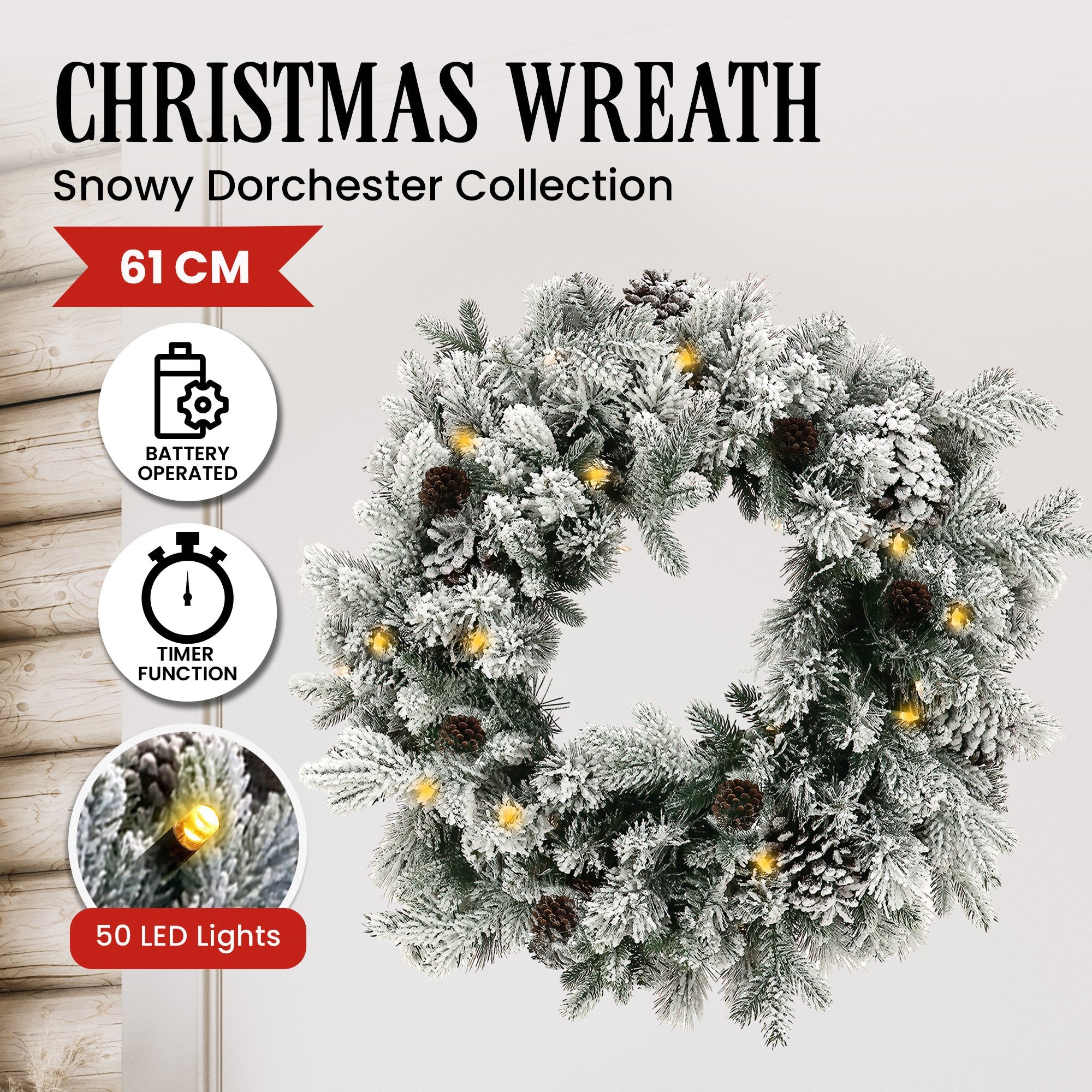 Christmas Wreath with Lights - 61cm Snowy Dorchester