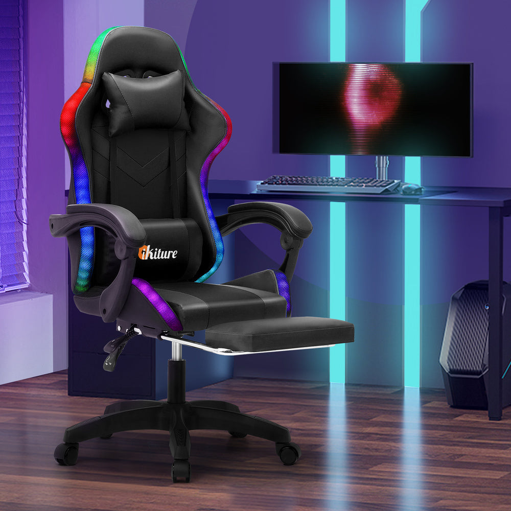 Gaming Chair 7 RGB LED 8 Points Massage Racing Recliner Office Computer Black