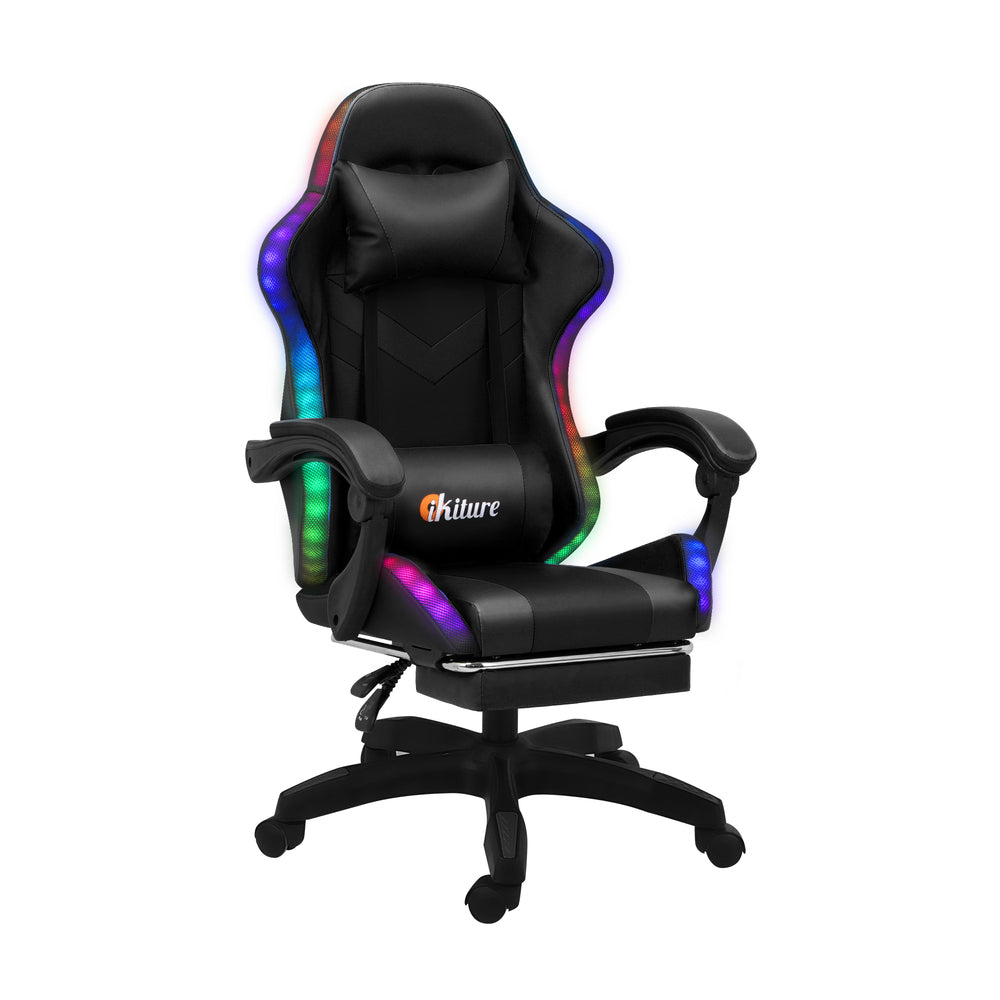 Gaming Chair 7 RGB LED 8 Points Massage Racing Recliner Office Computer Black