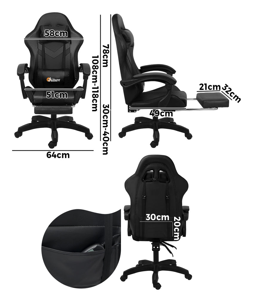 Gaming Chair 7 RGB LED 8 Points Massage Racing Recliner Office Computer Black