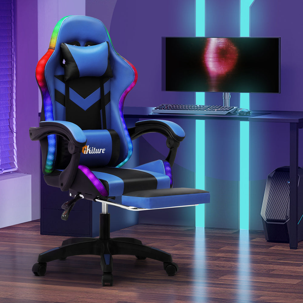 Racing Gaming Chair 7 RGB LED 8 Points Massage Black&Blue