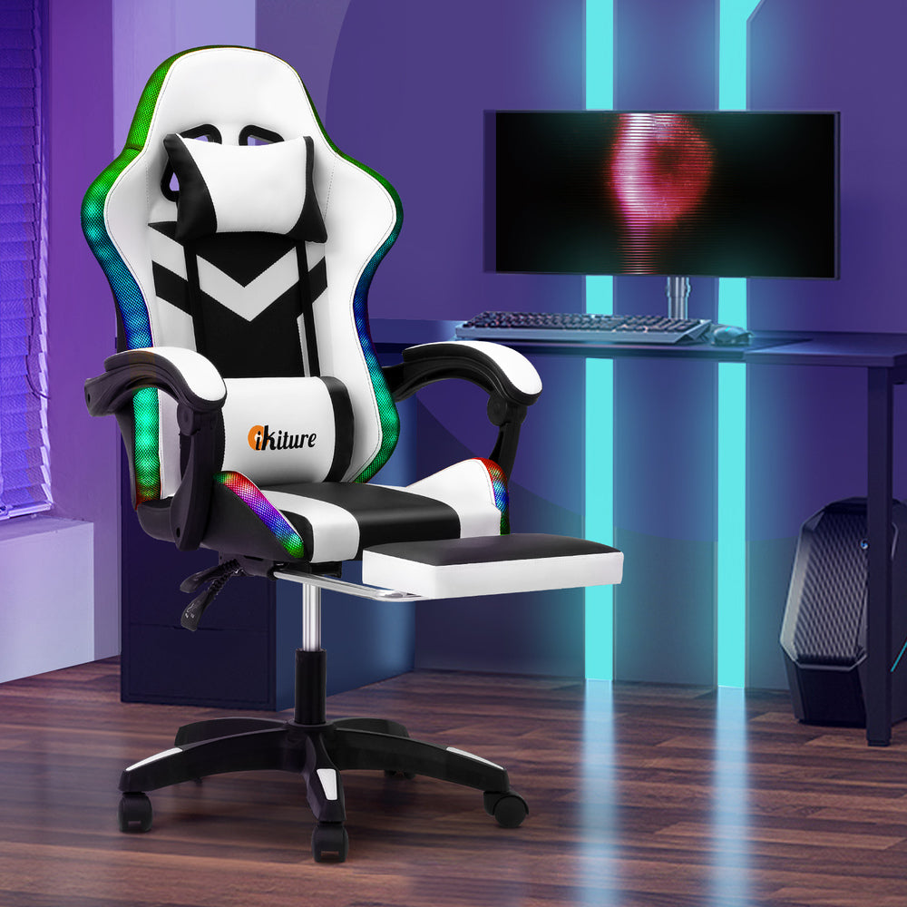 Gaming Chair 7 RGB LED 8 Points Massage Racing Recliner Office Computer Black