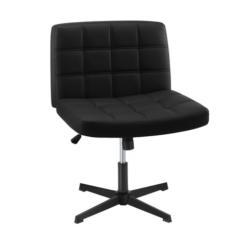 Mid Back Office Chair Wide Seat Leather Black No Wheels