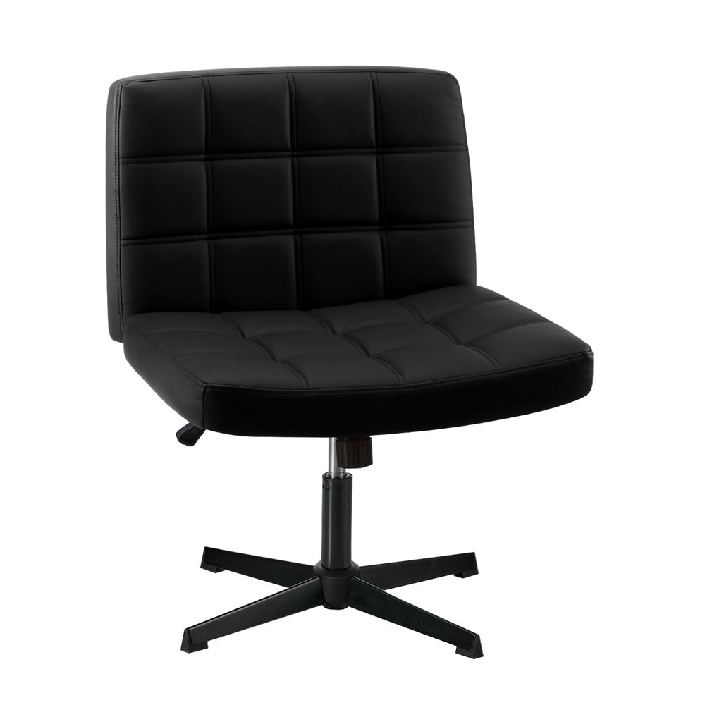 Mid Back Office Chair Wide Seat Leather Black No Wheels