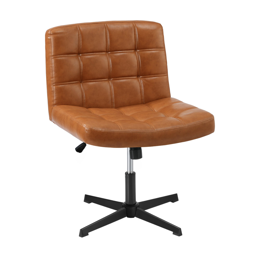 Mid Back Office Chair Wide Seat Leather Brown No Wheels