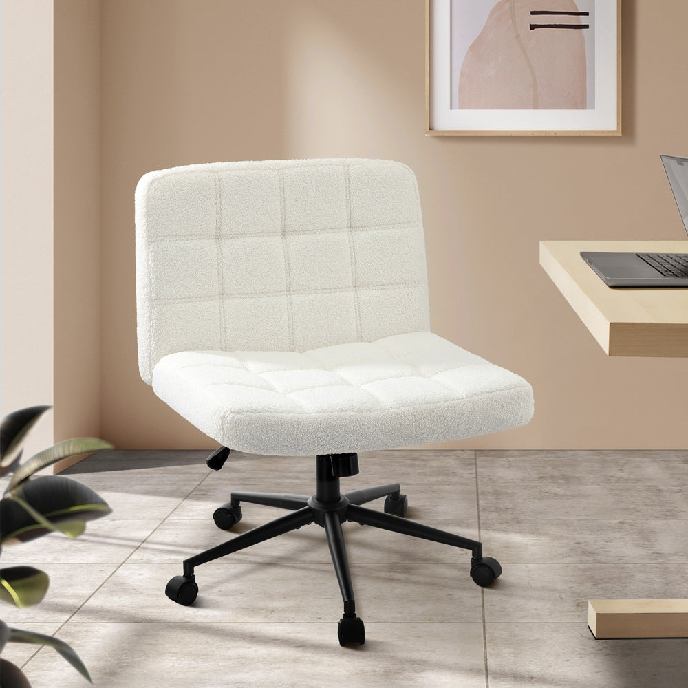 Office Chair Wide Seat Boucle White with Wheels