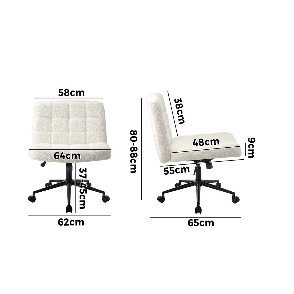 Mid Back Office Chair Wide Seat Boucle White No Wheels