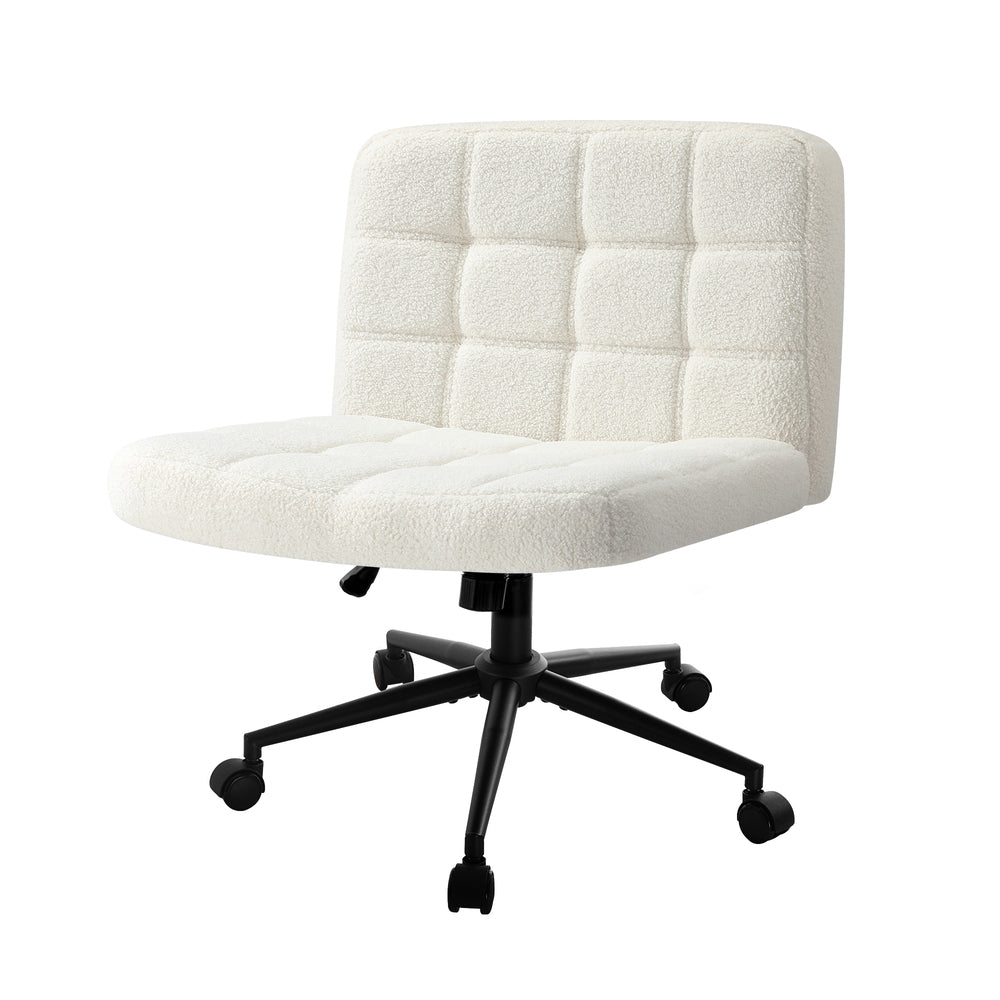 Mid Back Office Chair Wide Seat Boucle White No Wheels