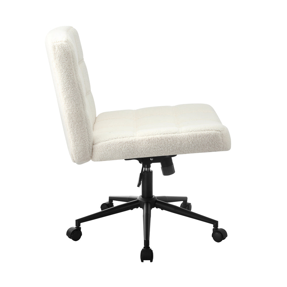 Mid Back Office Chair Wide Seat Boucle White No Wheels