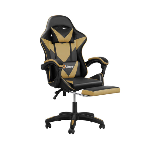 Luxurious Black & Gold Racing Chair with Footrest and Height Adjustment