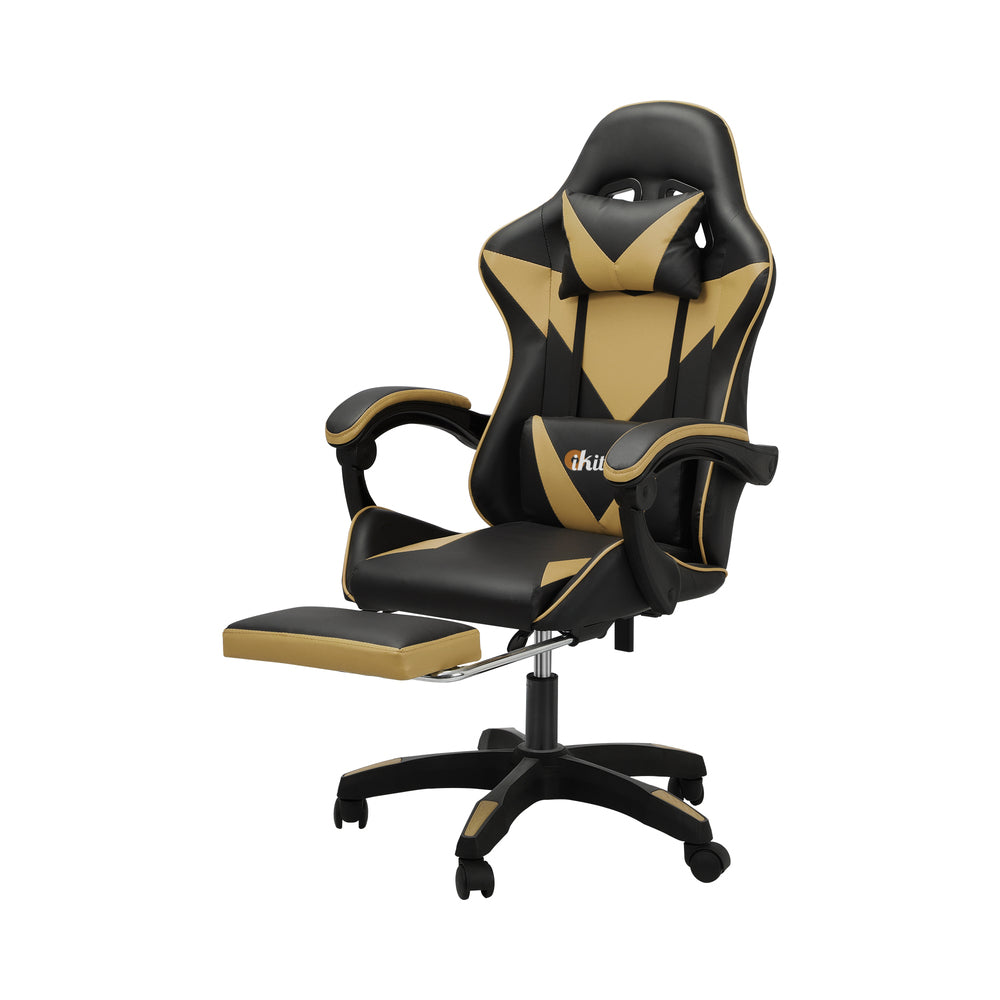 Luxurious Black & Gold Racing Chair with Footrest and Height Adjustment