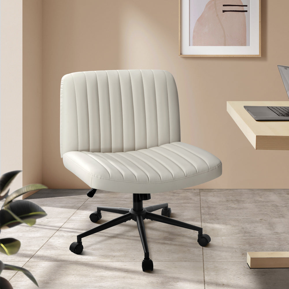 Mid Back Office Chair Wide Seat with Wheels Leather Beige