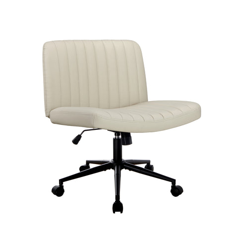 Mid Back Office Chair Wide Seat with Wheels Leather Beige